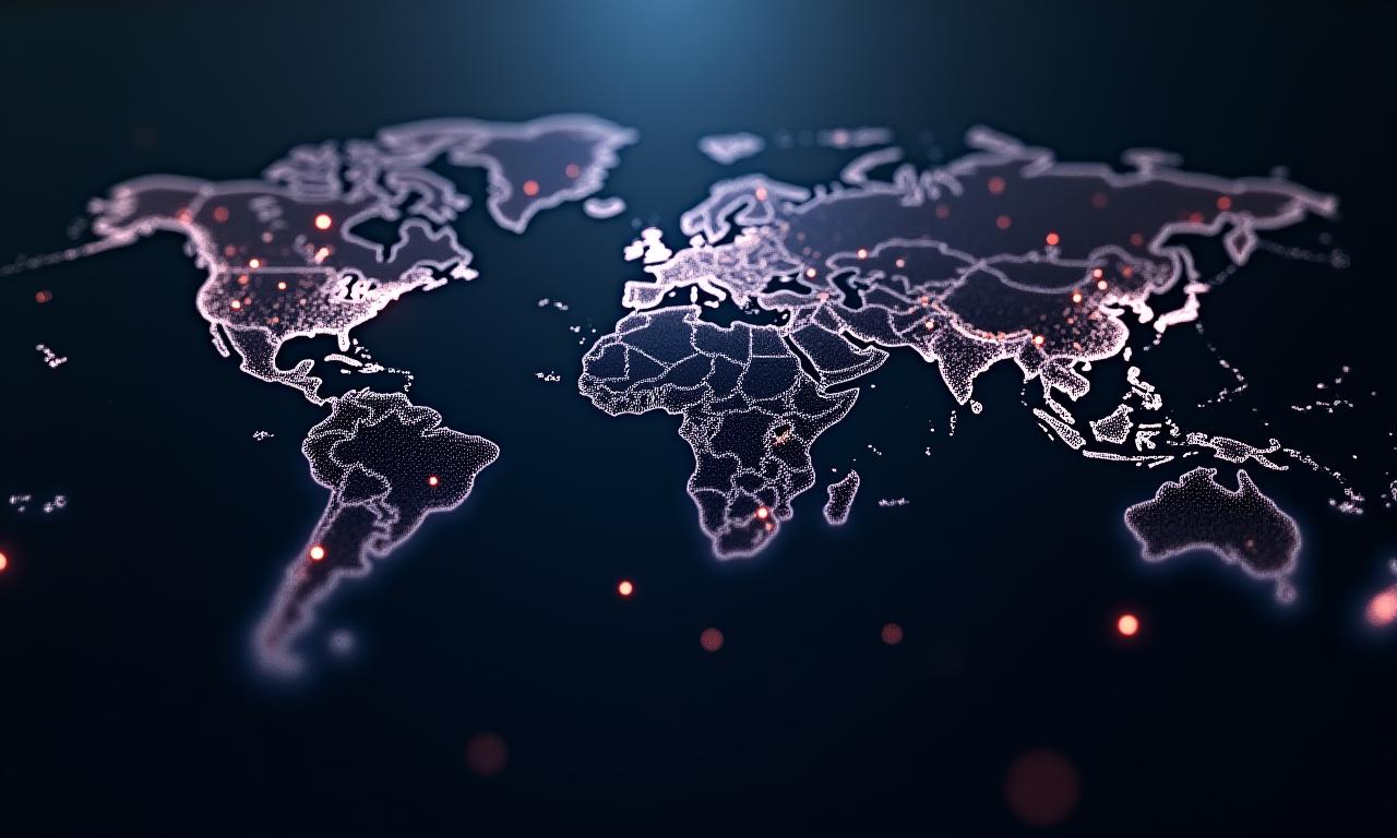 A global map with interconnected data points representing news events.