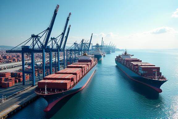 Cargo ships at a busy port terminal.